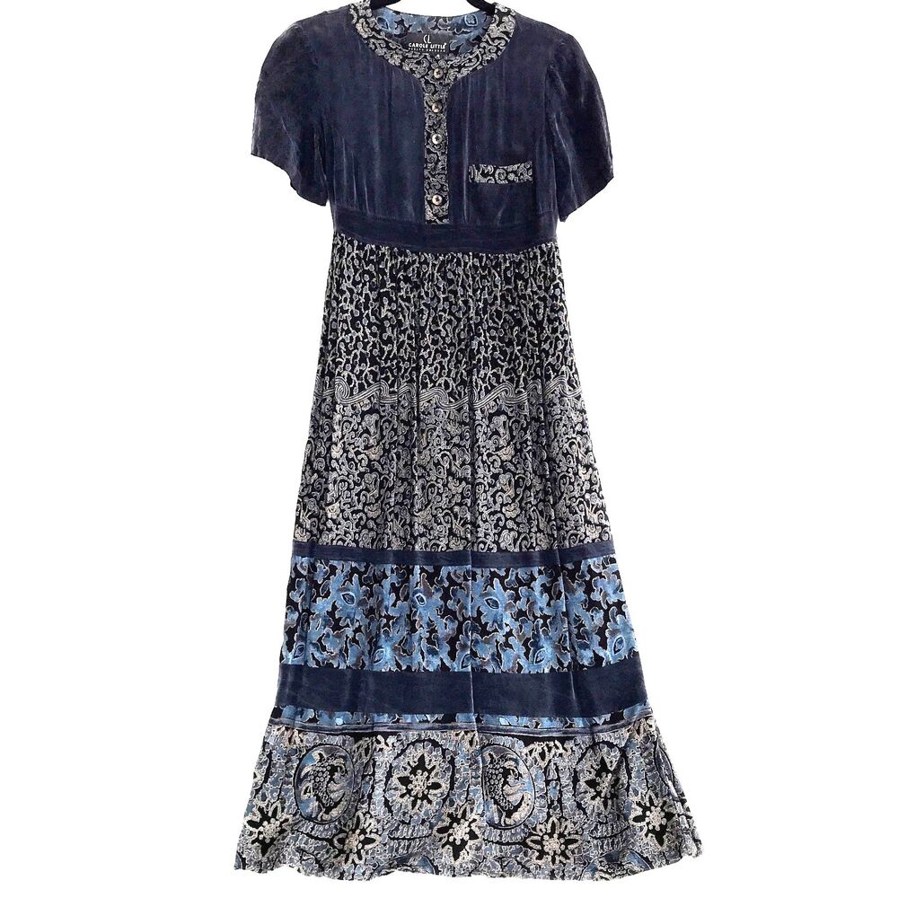 SOLD!! Carole Little Petite 4 Navy Blue Velvet Rayon Paisley Short Sleeve Dress